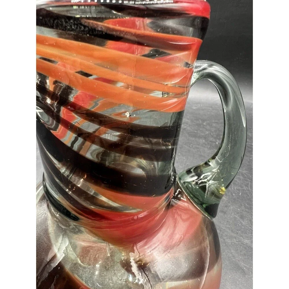 Hand Blown Art Glass Pitcher Amber Brown Swirl Applied Handle 6 1/8” Vase